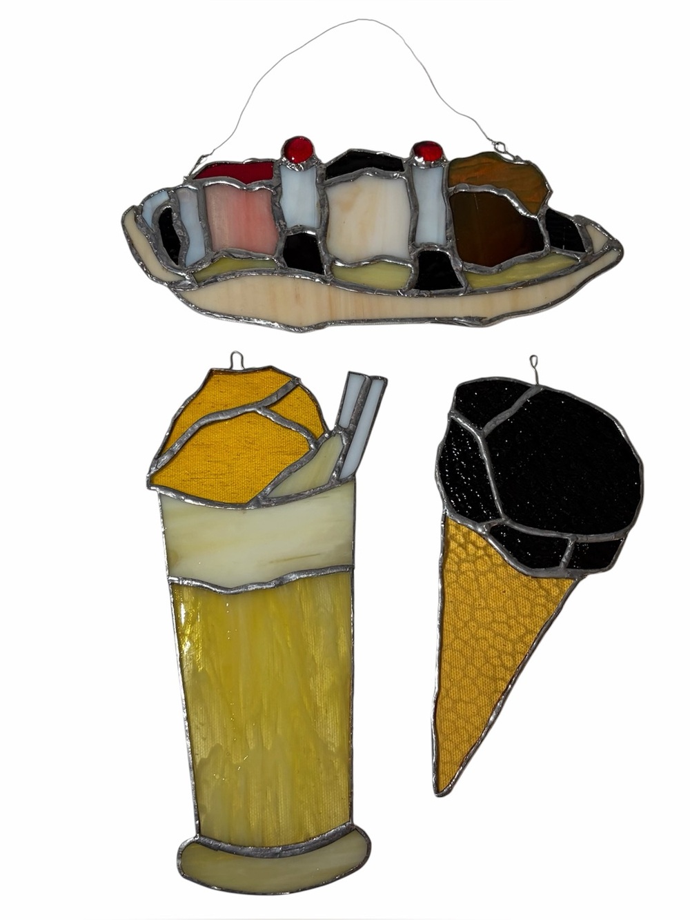 VINTAGE Set of 3 Stained Glass Suncatchers Ice Cream Cone Float Banana Split (1)